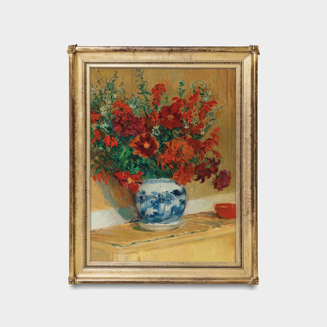 Bright Red Cosmos Bouquet in a Blue and White Vase Floral Poster - Image 5