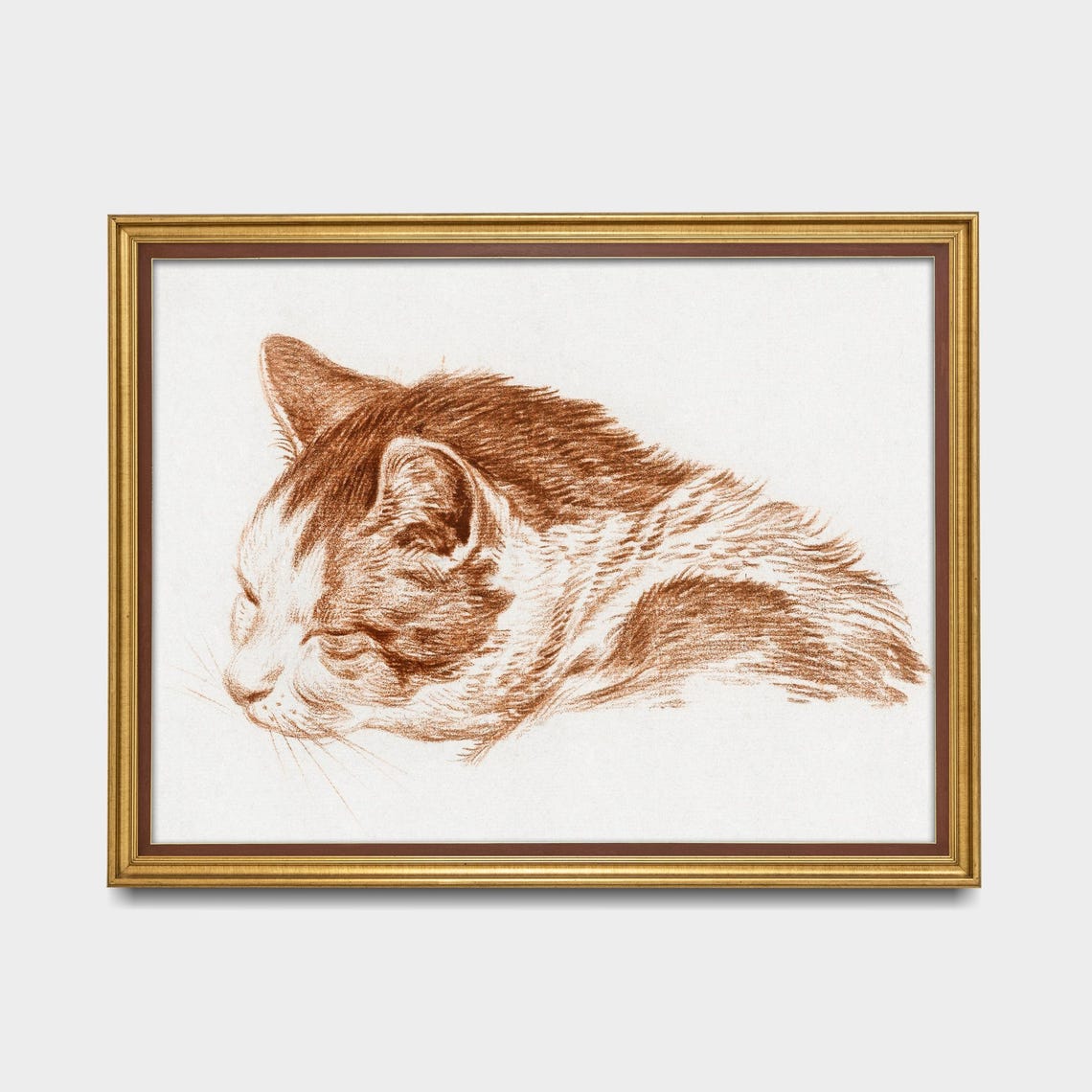 Sleeping Cat Head Study in Warm Red Chalk Vintage Sketch Poster - Image 5