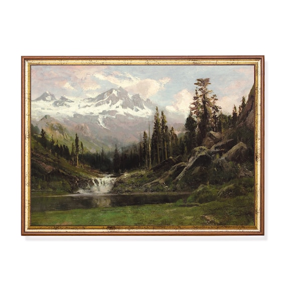 Vintage Mountain Painting, Rustic Landscape Art Print