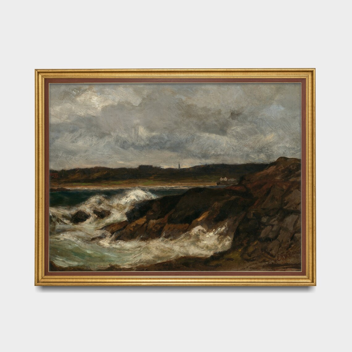 Storm Waves Crashing on Rocky Coast Moody Seascape Painting Poster - Image 5