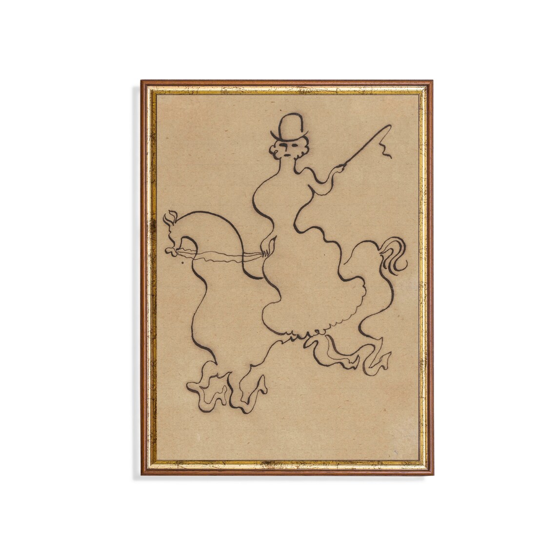 Playful Horsewoman Ink Sketch Minimalist Antique Line Art Wall Art