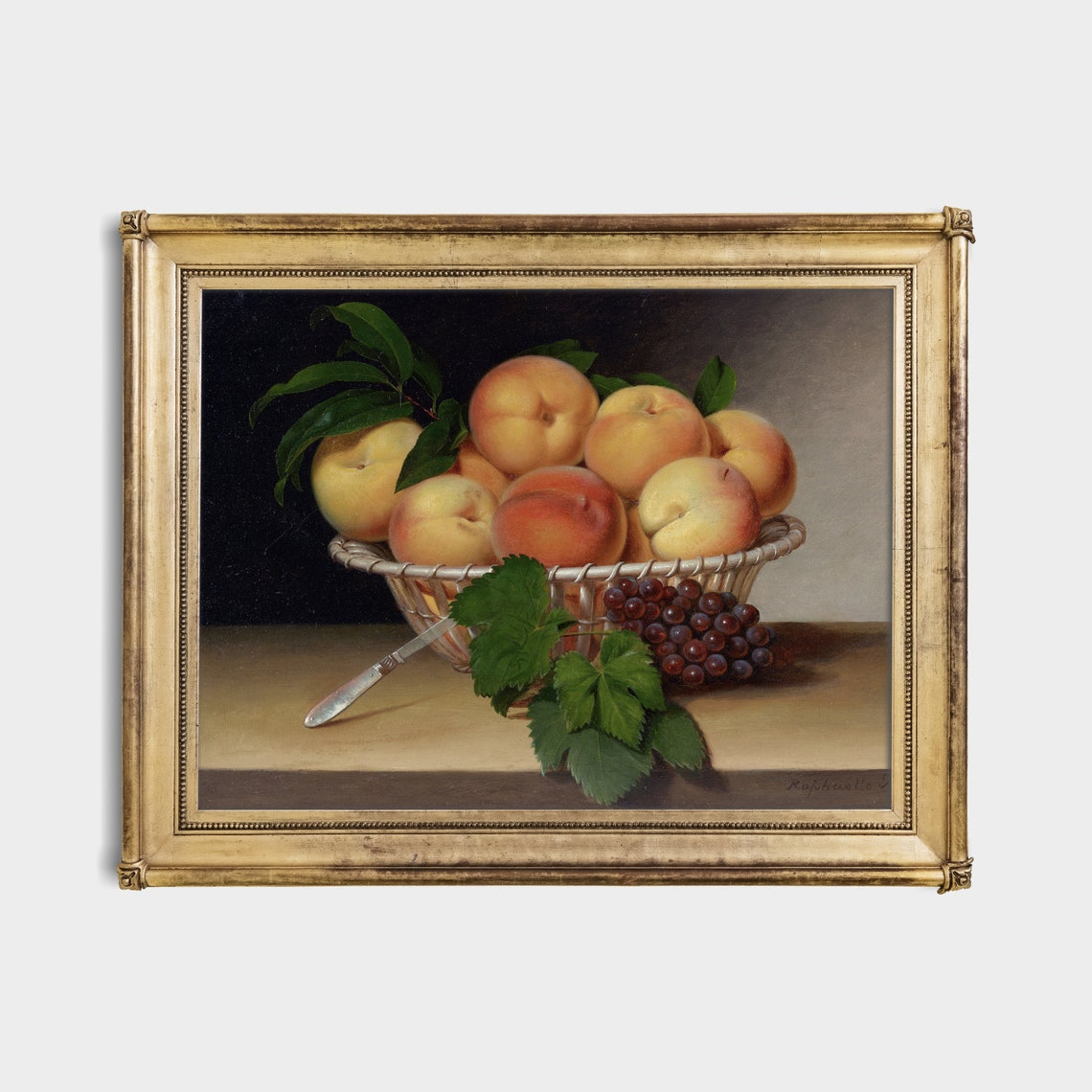 Wicker Basket of Peaches with Grapes Vintage Still Life Wall Art - Image 4