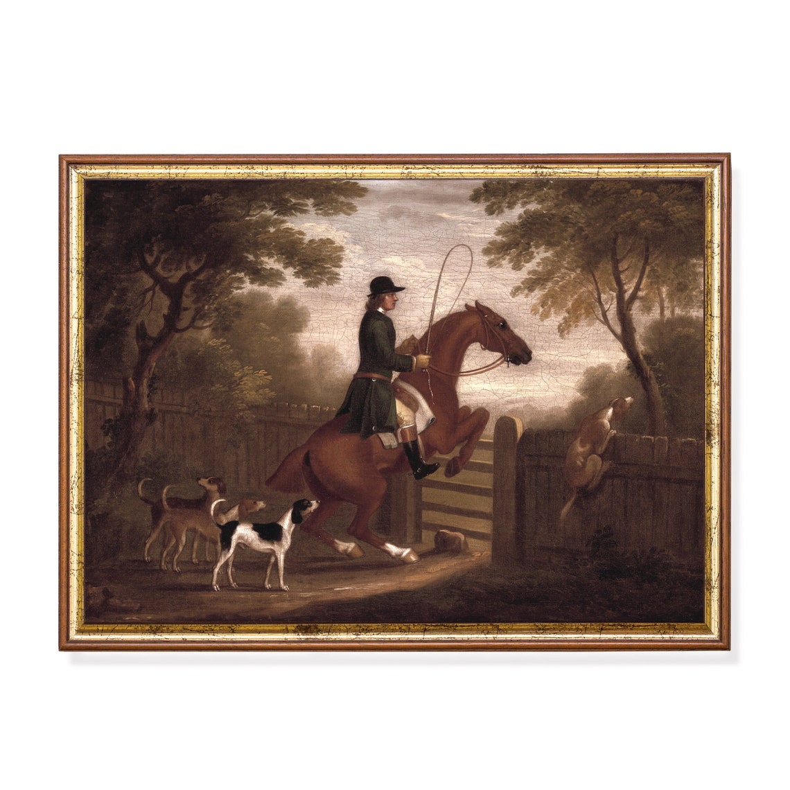 Vintage Huntsman on Horseback With Hounds Jumping a Fence Poster