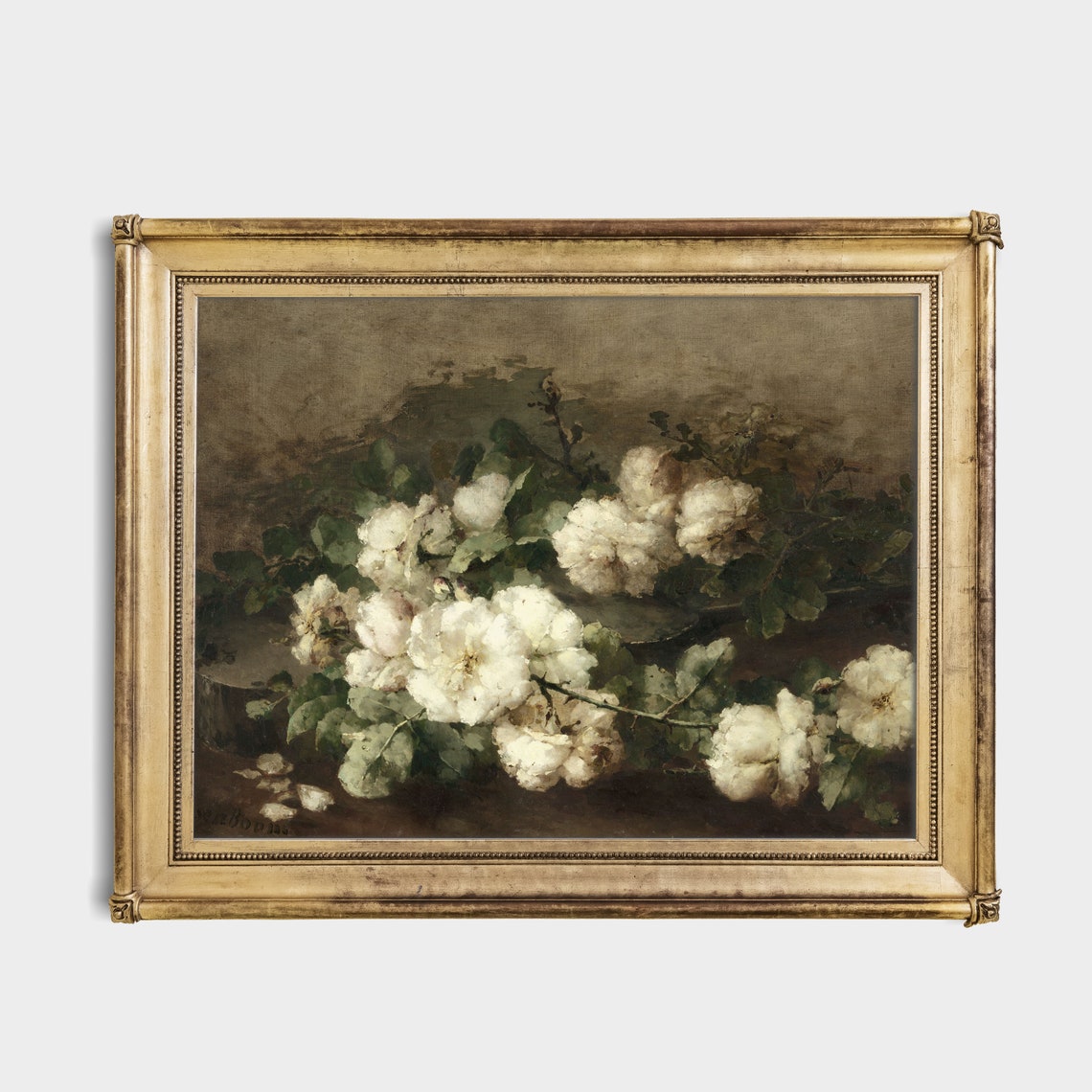 Moody Vintage Still Life of White Roses on a Dark Background Poster - Image 3
