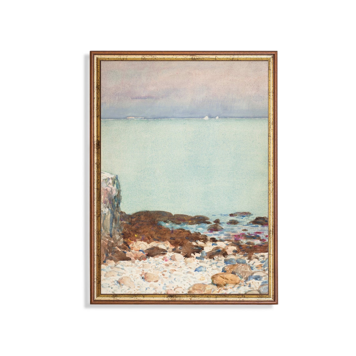 Rocky Shoreline with Pale Sea and Distant Ships Watercolor Poster