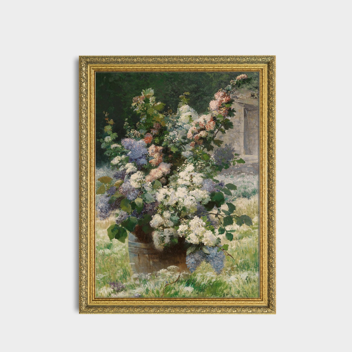Lilac Blossoms Overflowing a Wooden Tub Garden Painting Poster - Image 3