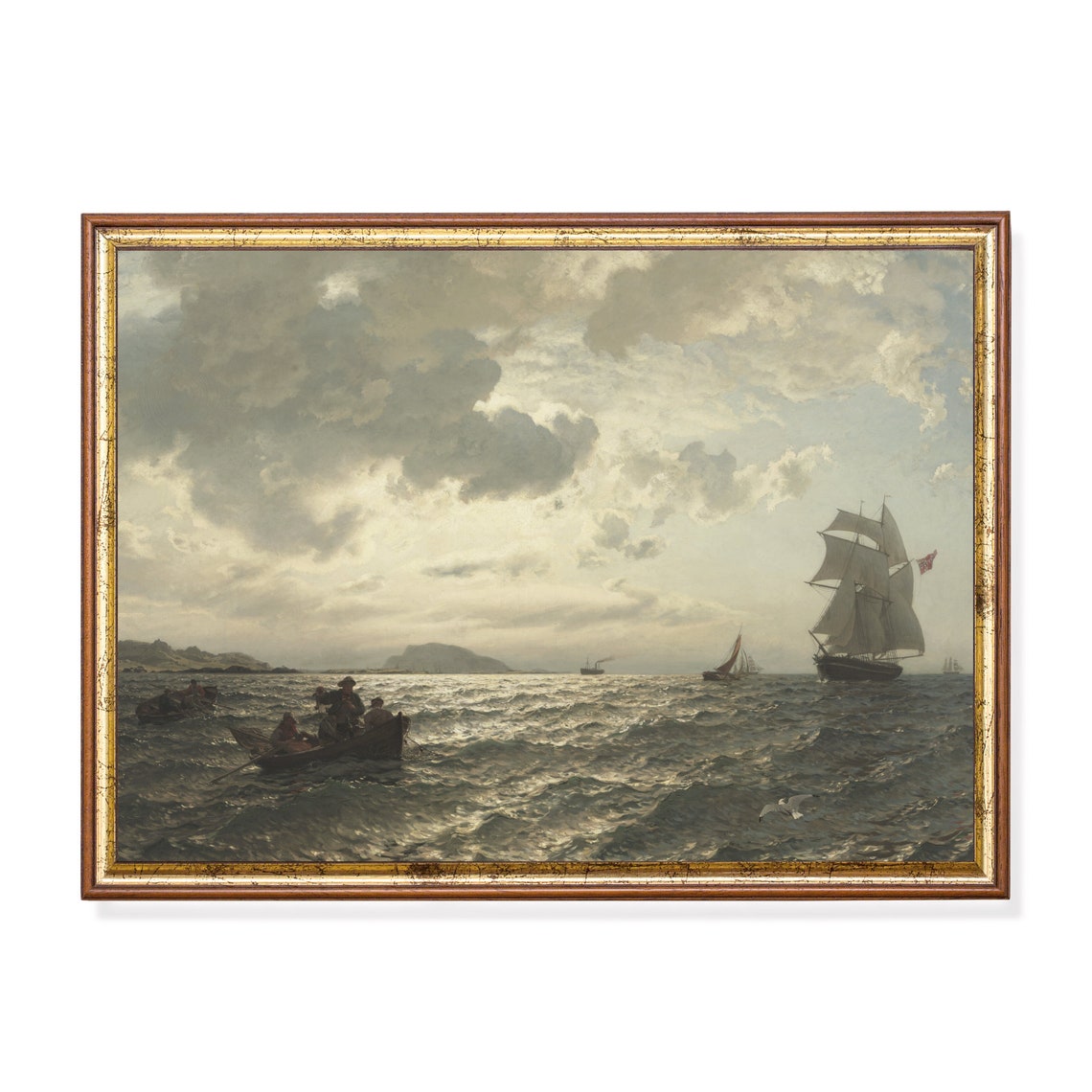 Vintage Sailing Ship Painting Antique Seascape Print Rustic Ocean Beach Art Nautical Decor Wall Art