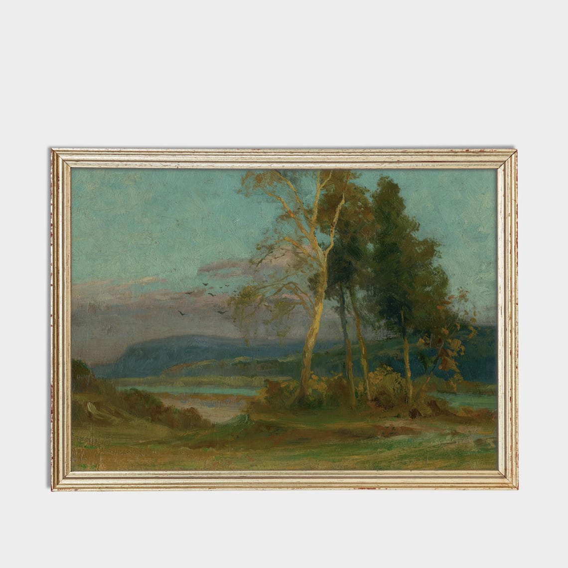 Tall Slender Trees Beside a Still River Under a Teal Sky Poster - Image 3