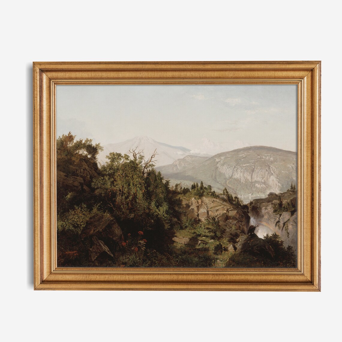 Rocky Mountain Gorge with Hazy Peaks Classic Landscape Painting Poster - Image 2