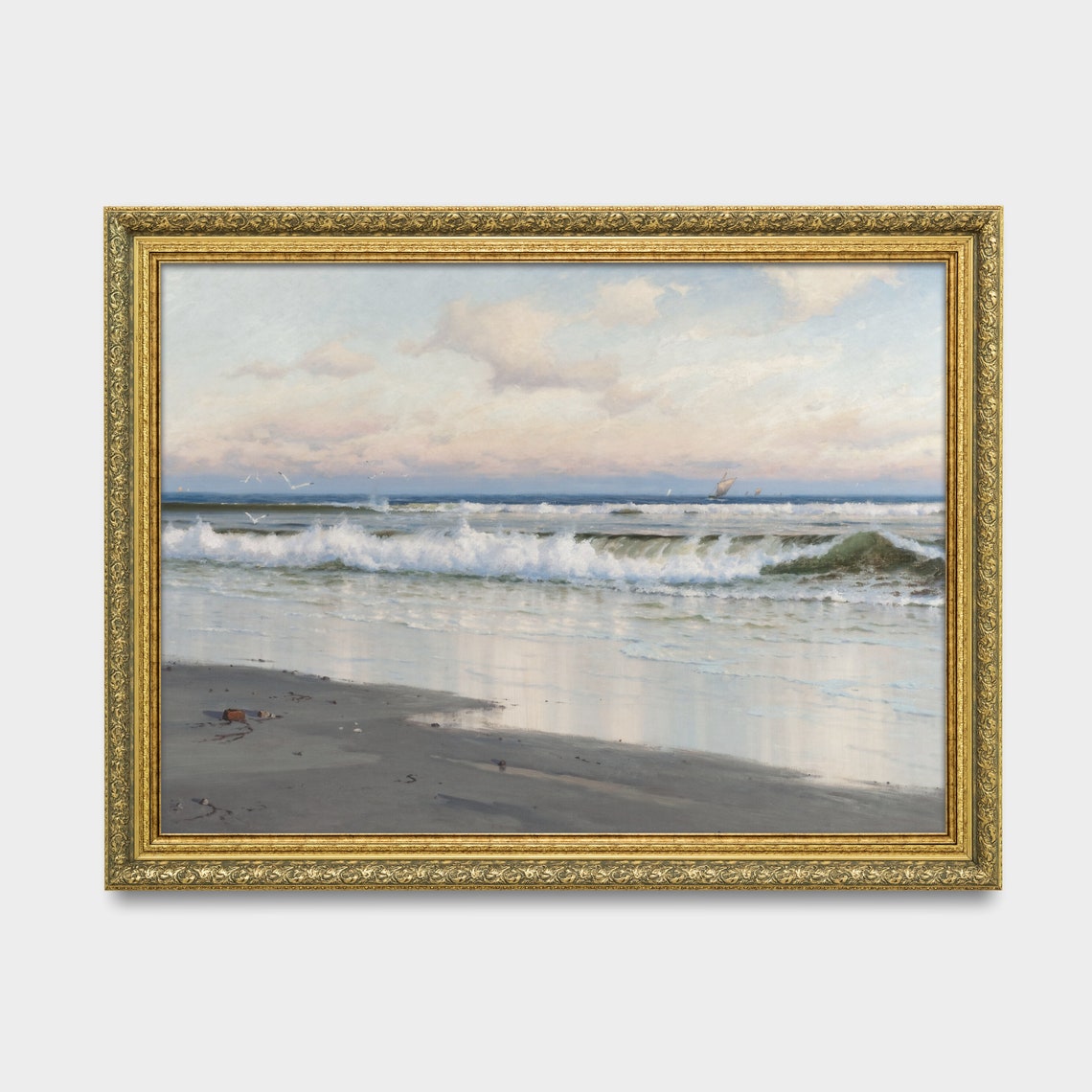 Sunset Ocean Waves Breaking on a Sandy Beach Antique Seascape Poster - Image 3