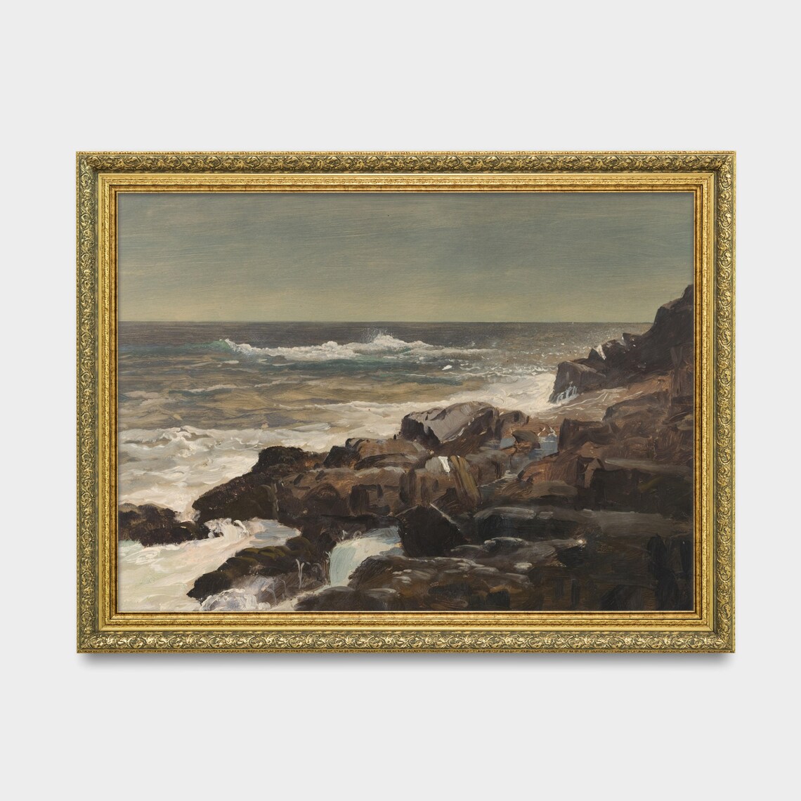 Waves Crashing Over Dark Rocks Moody Ocean Seascape Art Poster - Image 2