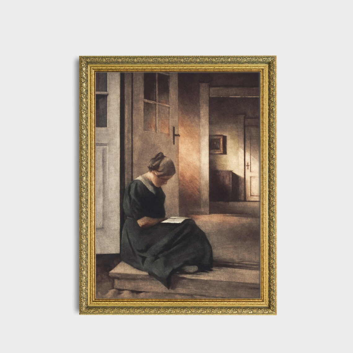Woman Reading On Stairs Antique Interior Portrait Warm Light Poster - Image 3