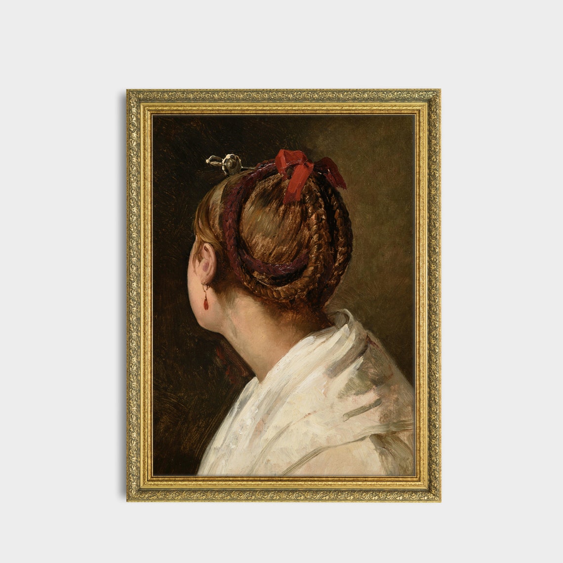 Braided Updo Woman Back View Antique Portrait With Red Ribbon Poster - Image 3