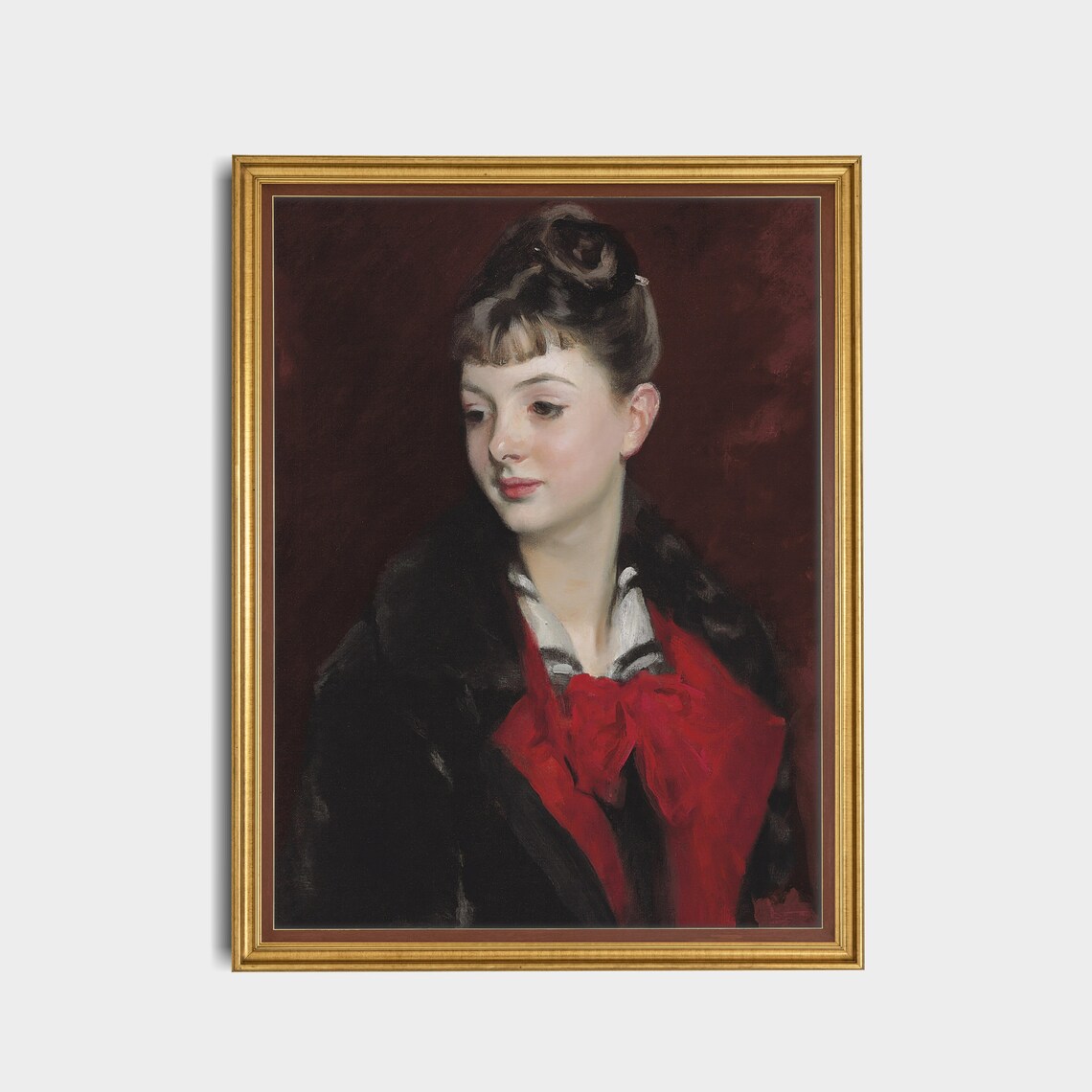 Vintage Woman Portrait in Red Bow Antique 19th Century Wall Art - Image 5