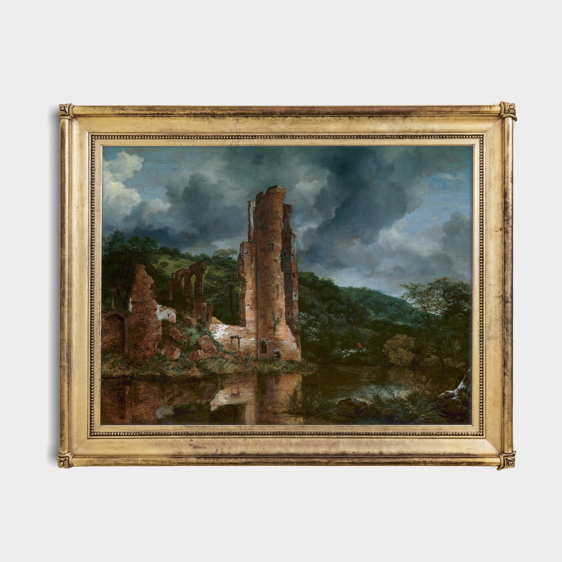 Ruined Brick Castle Tower by a River Under a Stormy Sky Poster - Image 2