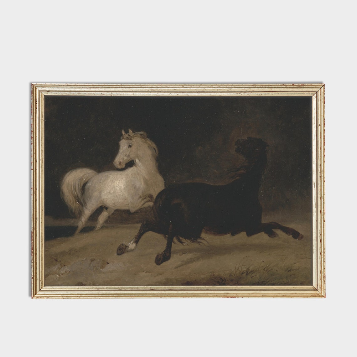 White and Black Horses Galloping at Night Moody Painting Poster - Image 2