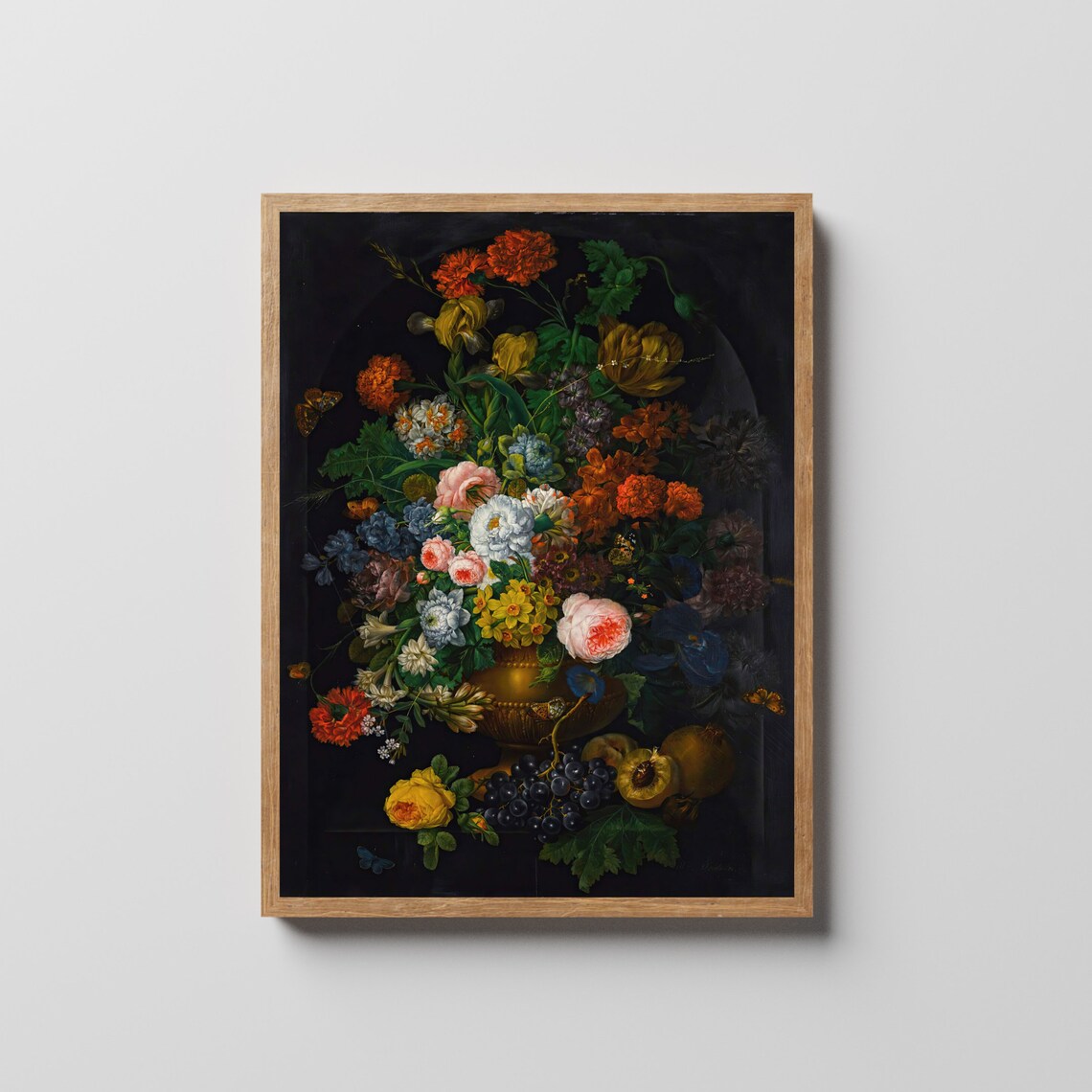 Colorful Bouquet in a Brass Vase With Grapes Dark Floral Poster - Image 4