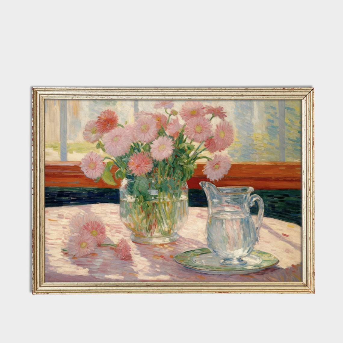 Pink Daisies In A Glass Vase Sunlit Kitchen Table Still Life Poster - Image 3