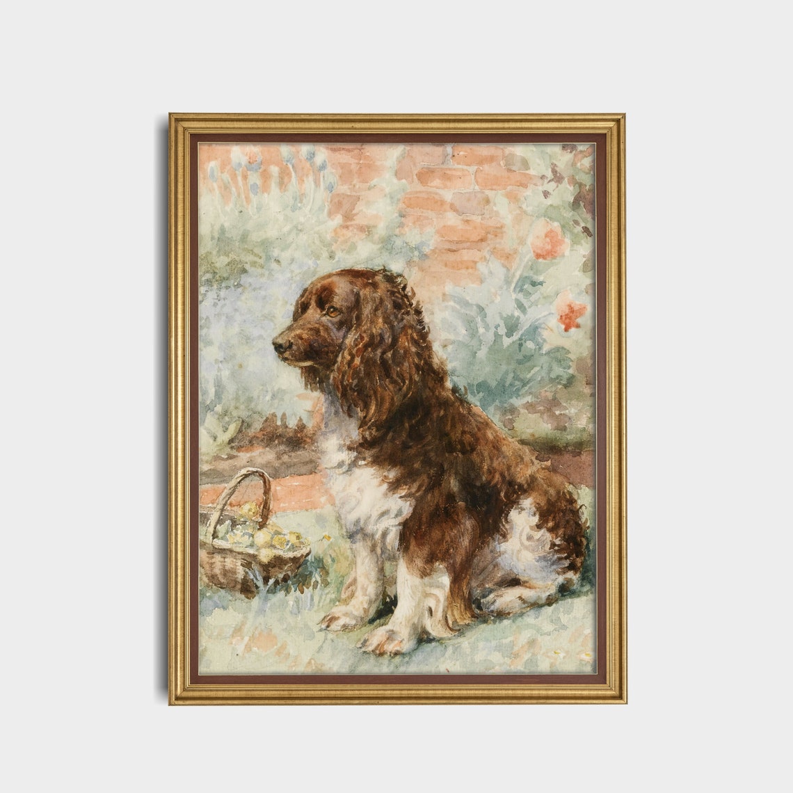 Brown and White Cocker Spaniel Watercolor Garden Portrait Poster - Image 2