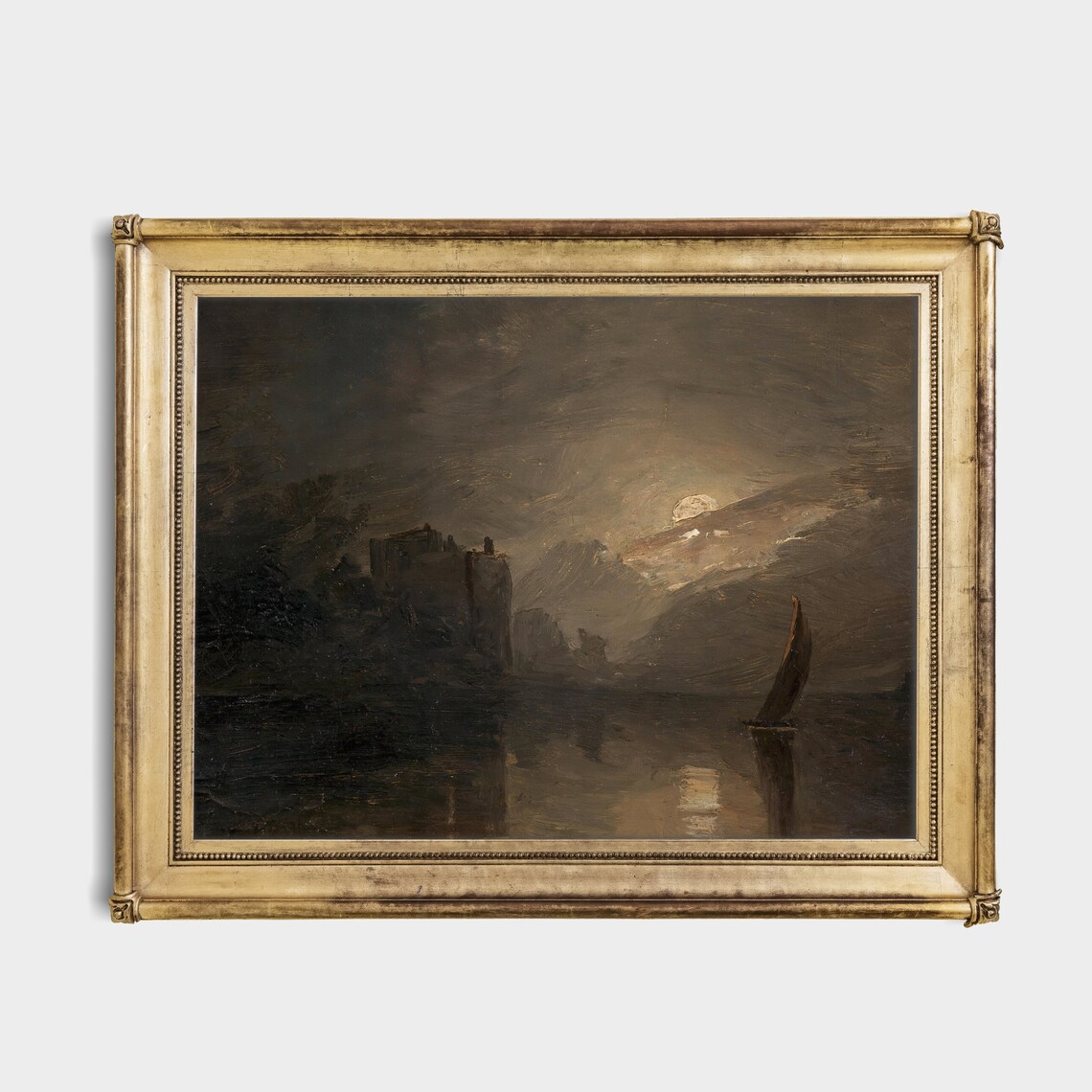 Moody Moonlit Coastal Night Seascape With a Sailboat Nocturne Poster - Image 3