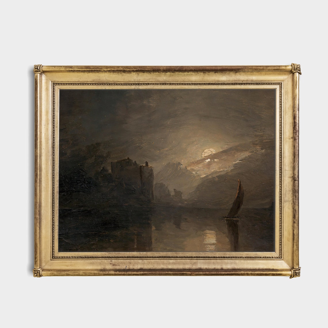 Vintage Landscape Painting Antique Seascape Moonlight Print Moody Rustic Coastal Fine Artwork Wall Art - Image 3