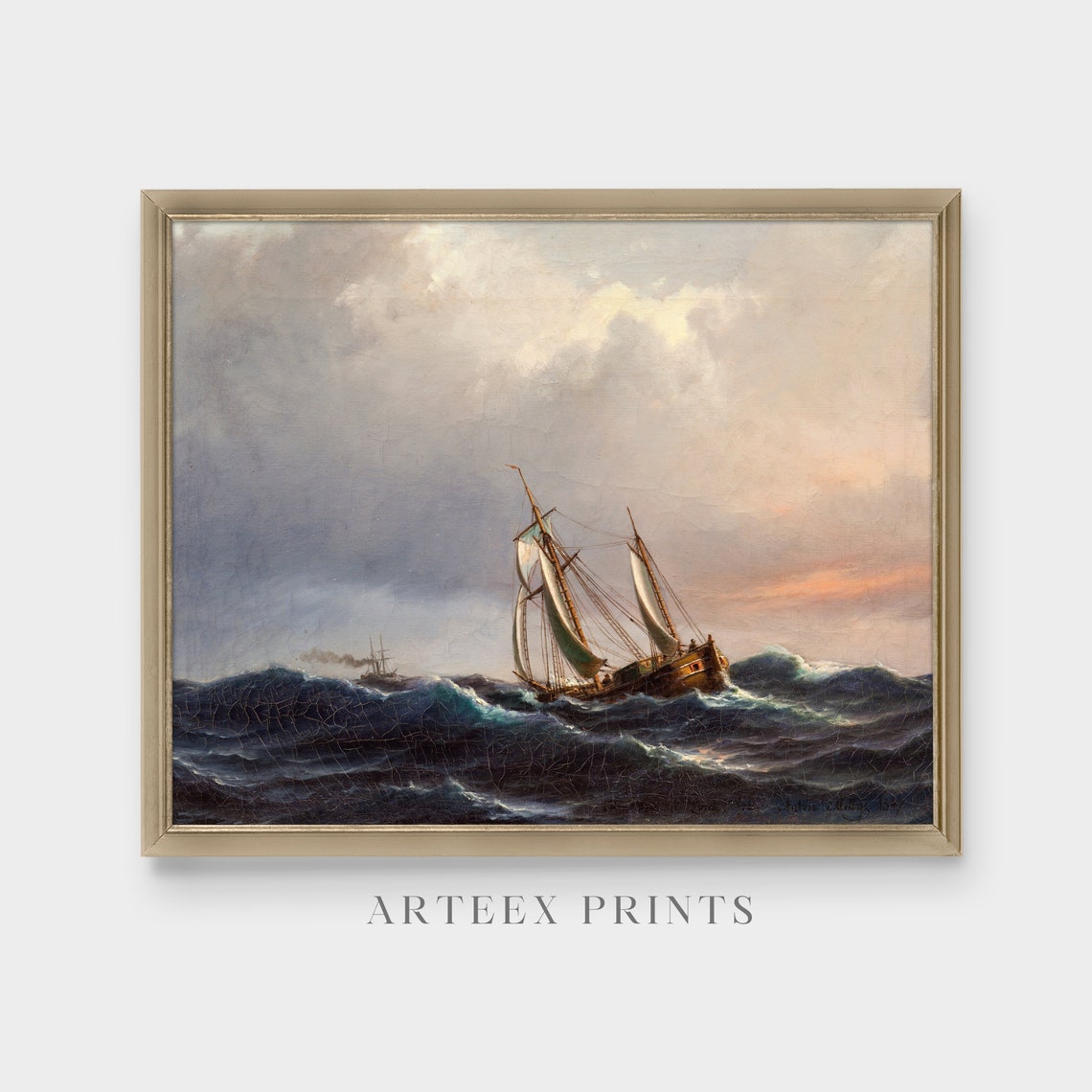 Vintage Seascape Painting Antique Sailing Ship Print Moody Rustic Fine Art Nautical Decor Wall Art - Image 5