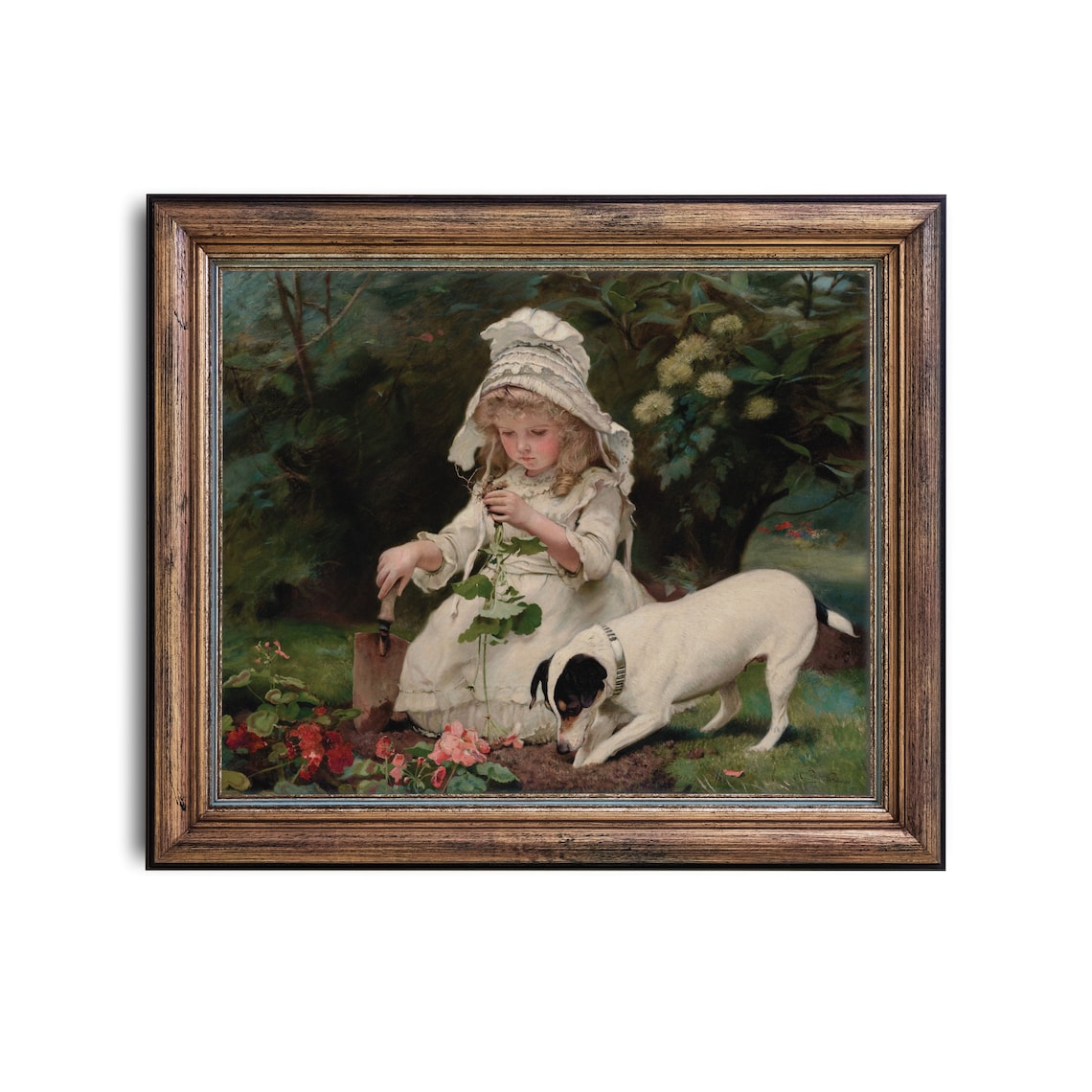 Little Girl Gardening with Terrier Dog in Flower Garden Print - Image 2