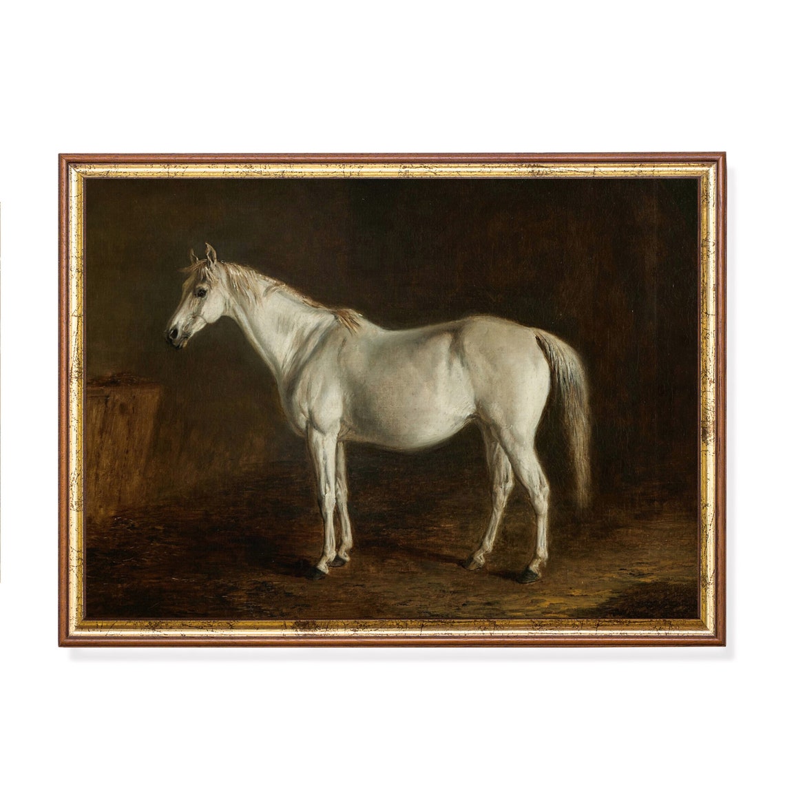 White Horse Standing in a Dark Stable Moody Vintage Oil Poster