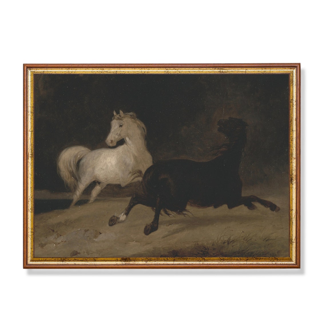 White and Black Horses Galloping at Night Moody Painting Poster