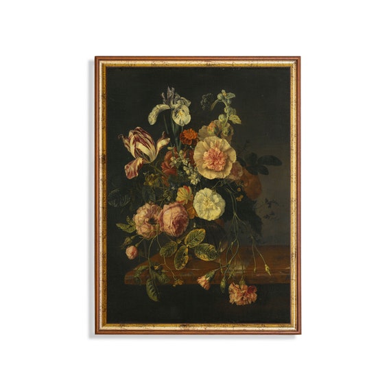 Vintage Still Life With Flowers Antique Floral Painting Moody Rustic Print Wall Art Farmhouse Decor