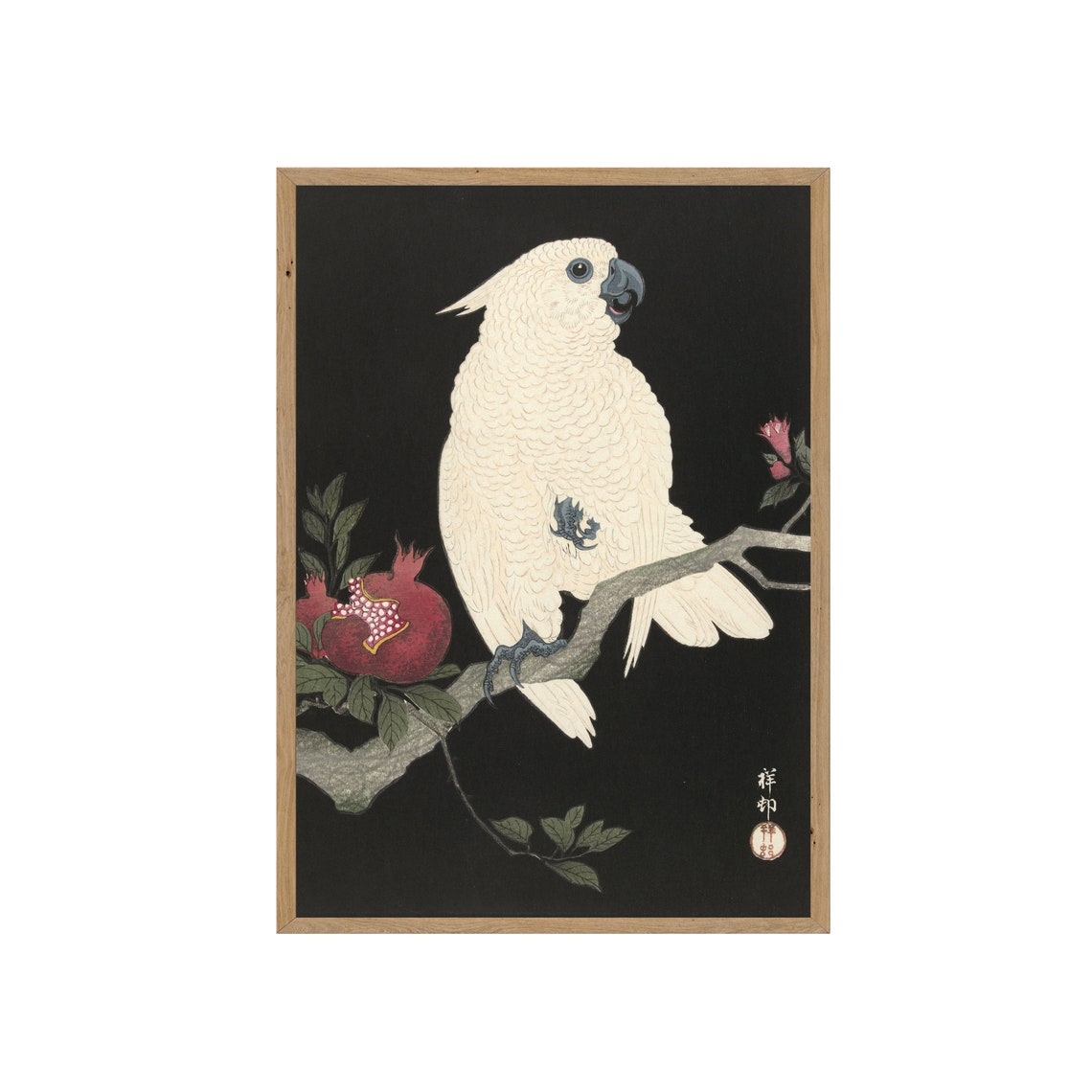 White Cockatoo With Pomegranate Japanese Woodblock Style Poster - Image 3