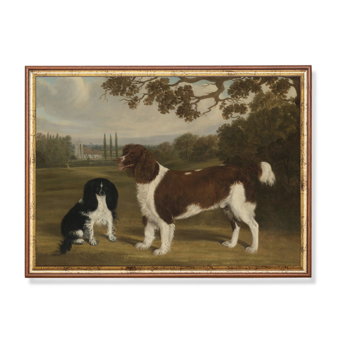 Two Spaniels in a Country Estate Landscape Antique Dog Portrait Poster
