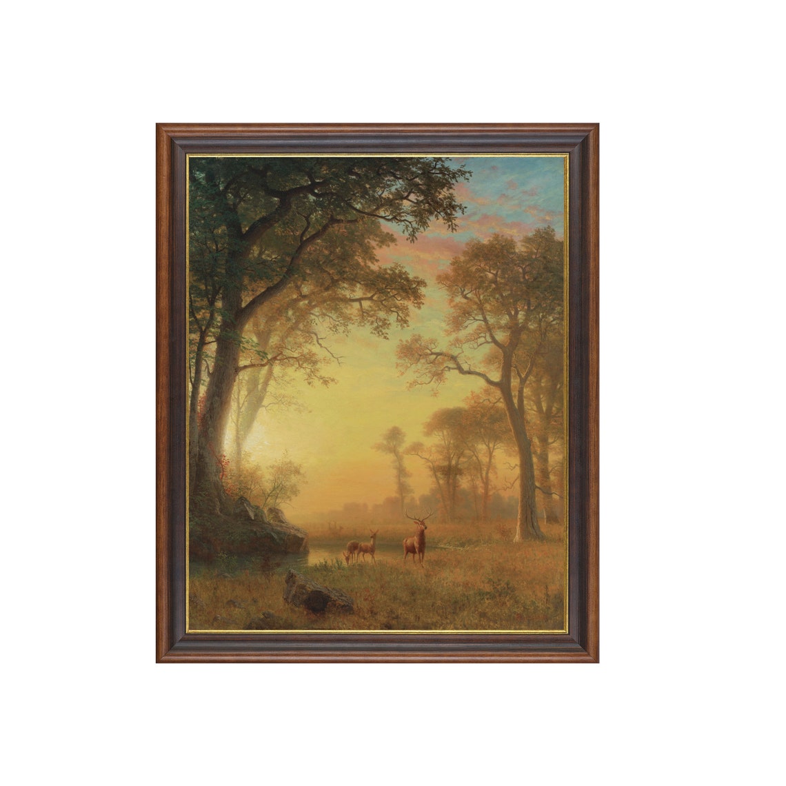 Golden Sunset Forest With Deer Vintage Luminous Landscape Poster - Image 3