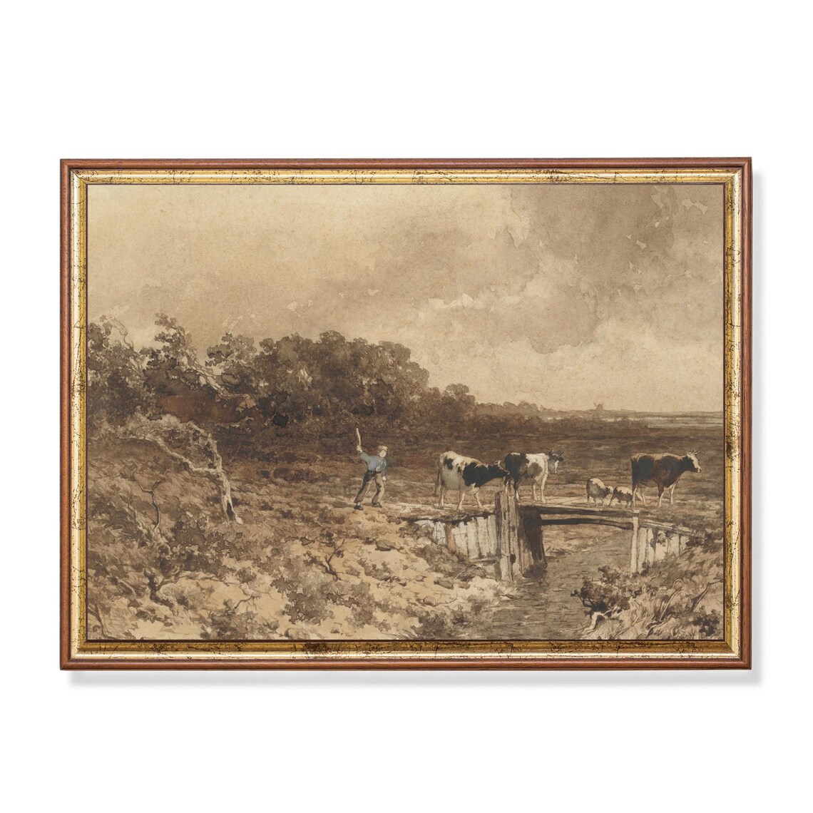Boy Herding Cows Across Bridge Sepia Country Sketch Art Poster
