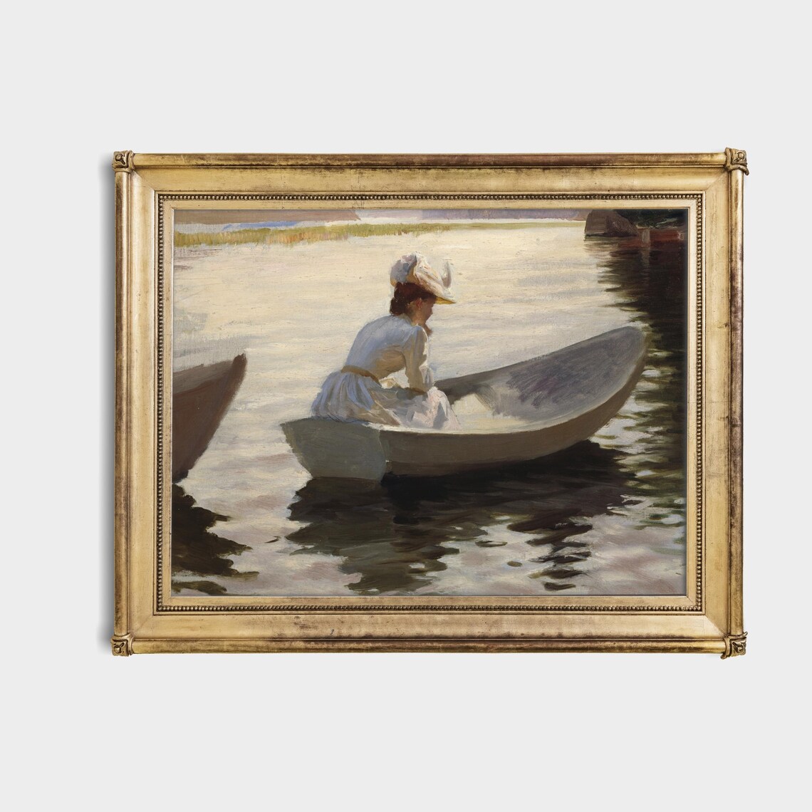 Woman in White Seated in a Rowboat on Still Water Vintage Poster - Image 4