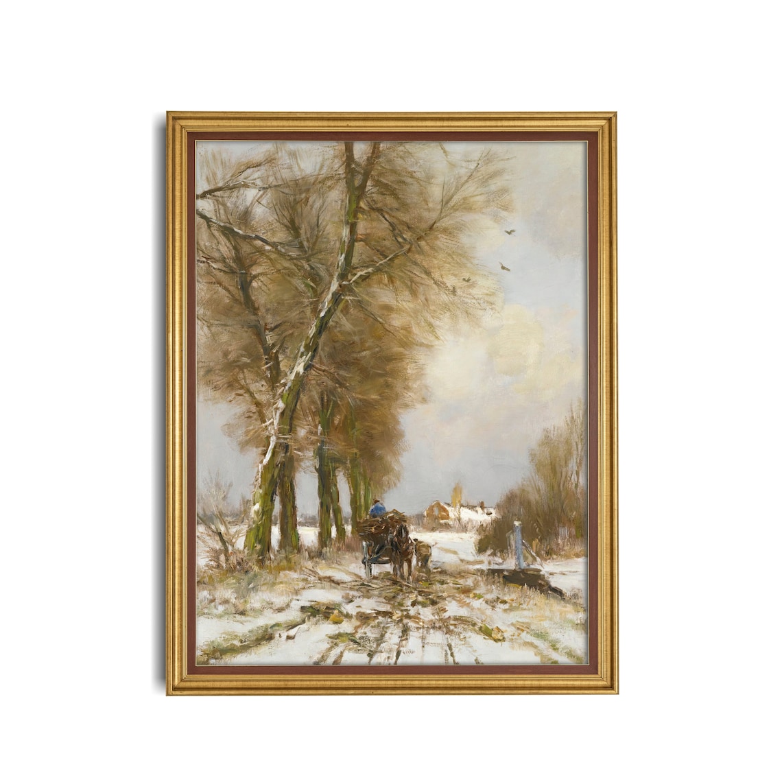 Horse-Drawn Cart on a Winter Country Road Vintage Painting Poster - Image 3