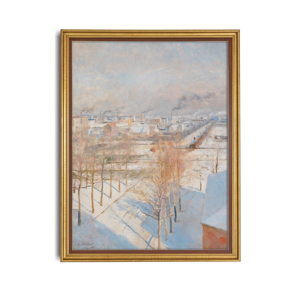 Snowy City Rooftops Chimneys Winter Cityscape Painting Poster - Image 4