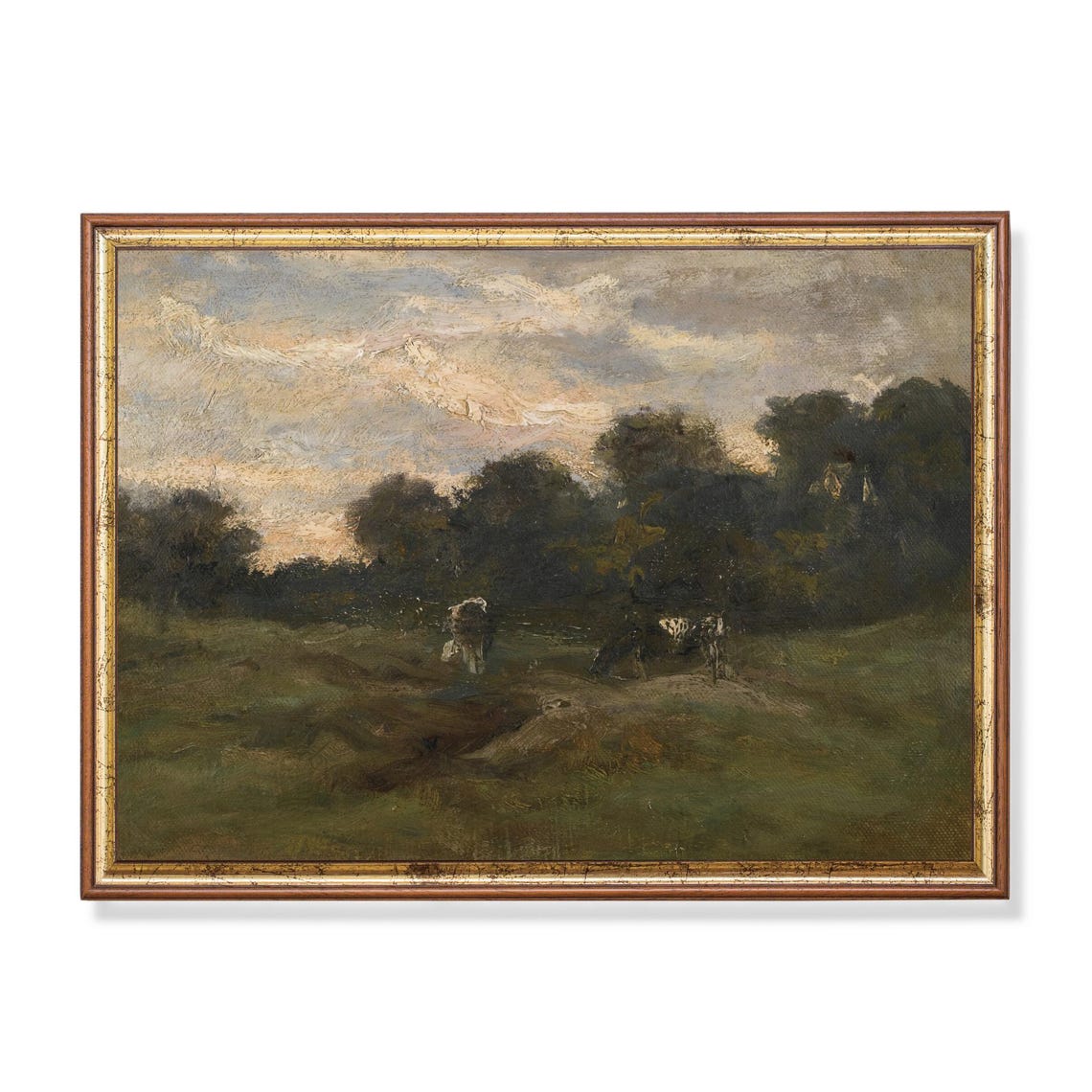 Two Cows Grazing in a Dusky Green Pastoral Meadow Vintage Poster