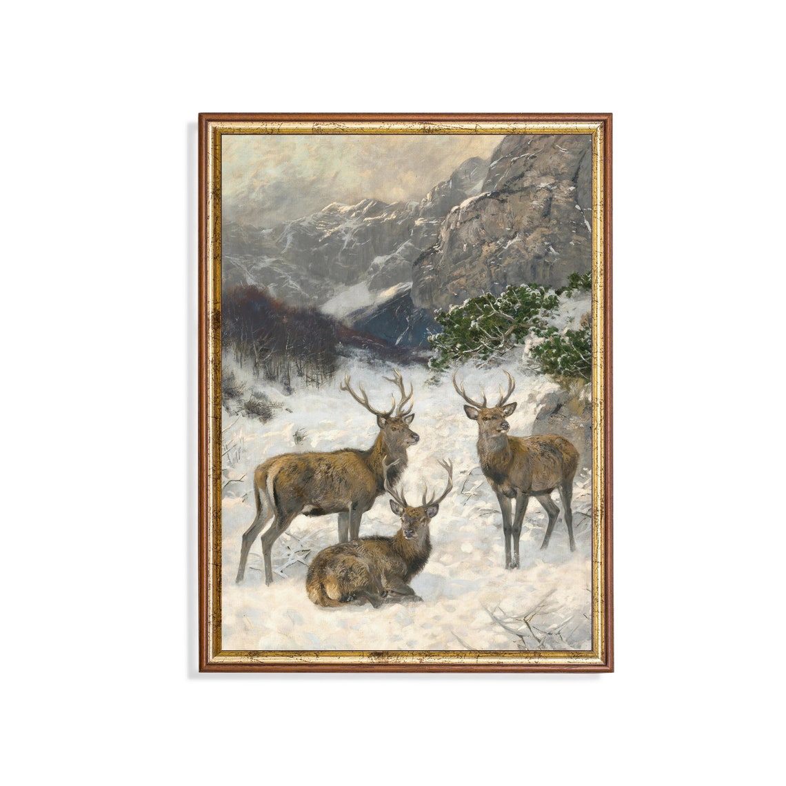 Three Stags in a Snowy Mountain Valley Vintage Wildlife Art Poster