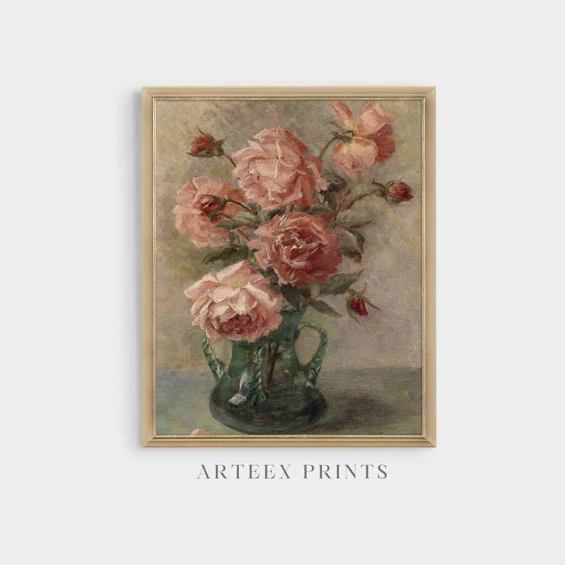 Pink Roses in a Green Glass Vase Antique Floral Still Life Poster - Image 5