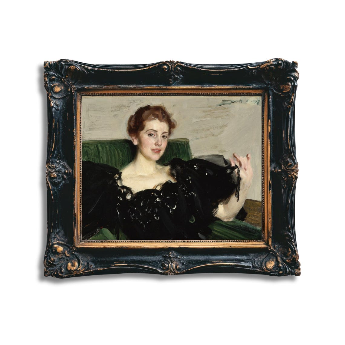 Elegant Lady in Black Dress Seated Classic Portrait Painting Poster