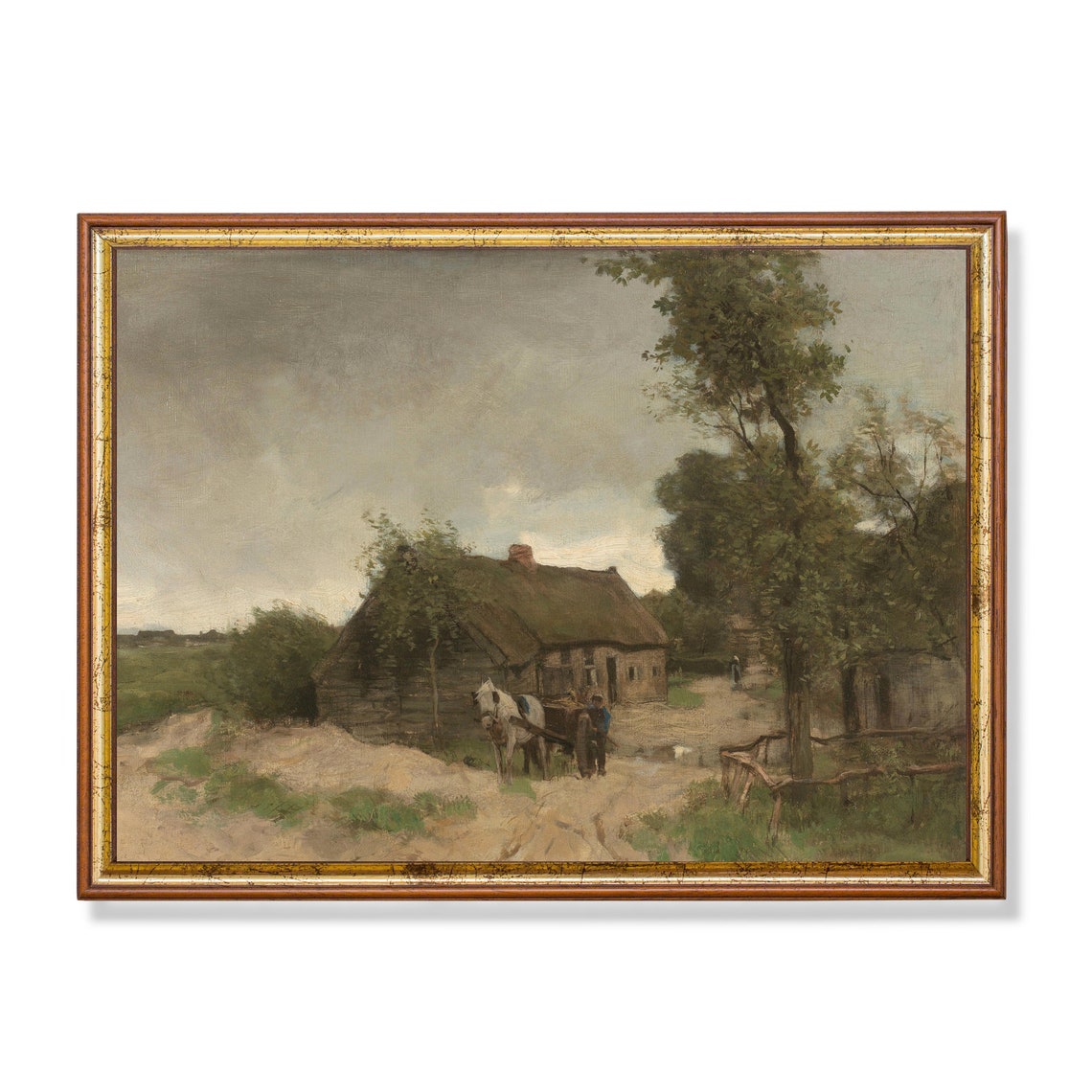Thatched Cottage with Horse-Drawn Cart on Country Lane Vintage Poster