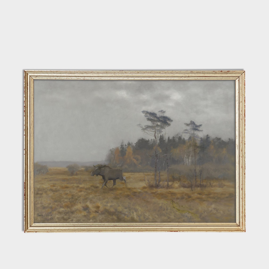 Moose Walking Through a Misty Autumn Marsh Vintage Landscape Poster - Image 3