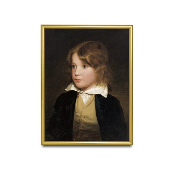 Vintage Portrait Painting Antique Young Boy Portrait Moody Rustic Print Wall Art 19th Century Fine Art