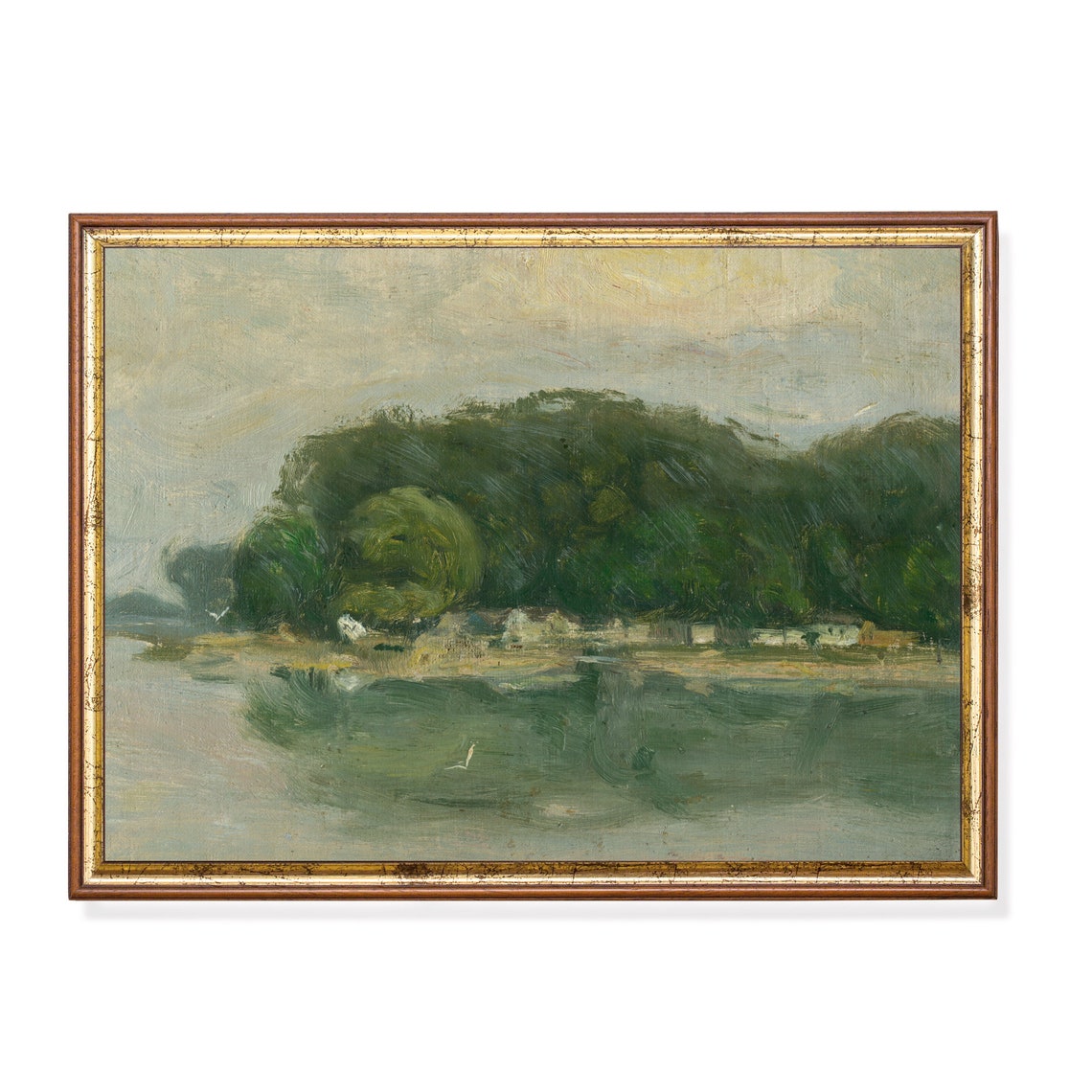 Wooded Riverbank with White Cottages Impressionist Landscape Poster