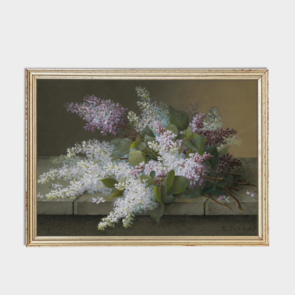 Delicate Lilac Branches Resting on a Stone Ledge Botanical Poster - Image 2