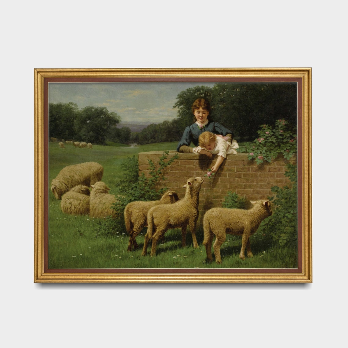 Two Girls Feeding Lambs Over a Brick Wall Pastoral Vintage Poster - Image 3