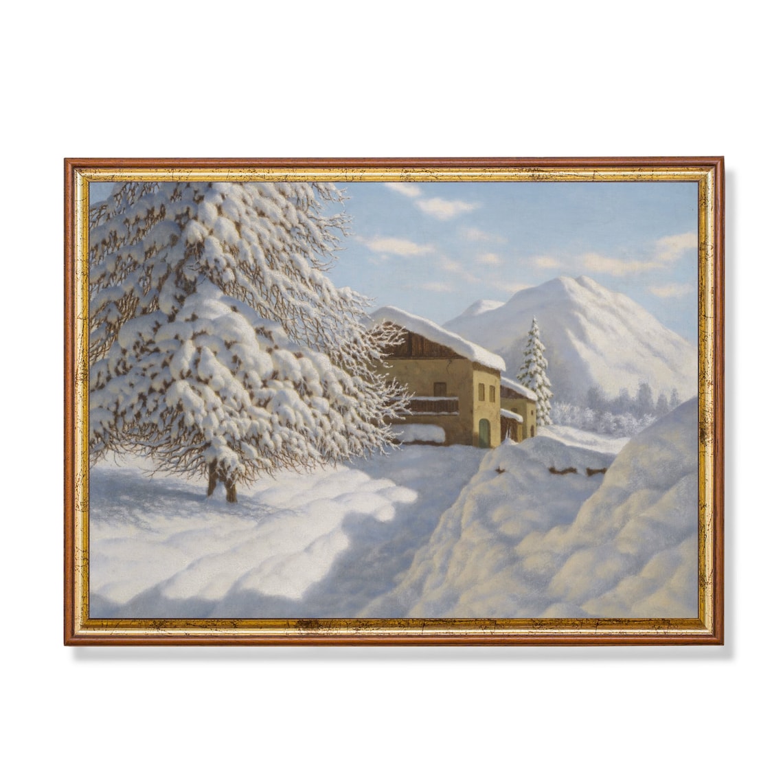 Snowbound Mountain Cabin with Snowy Pines Vintage Winter Poster