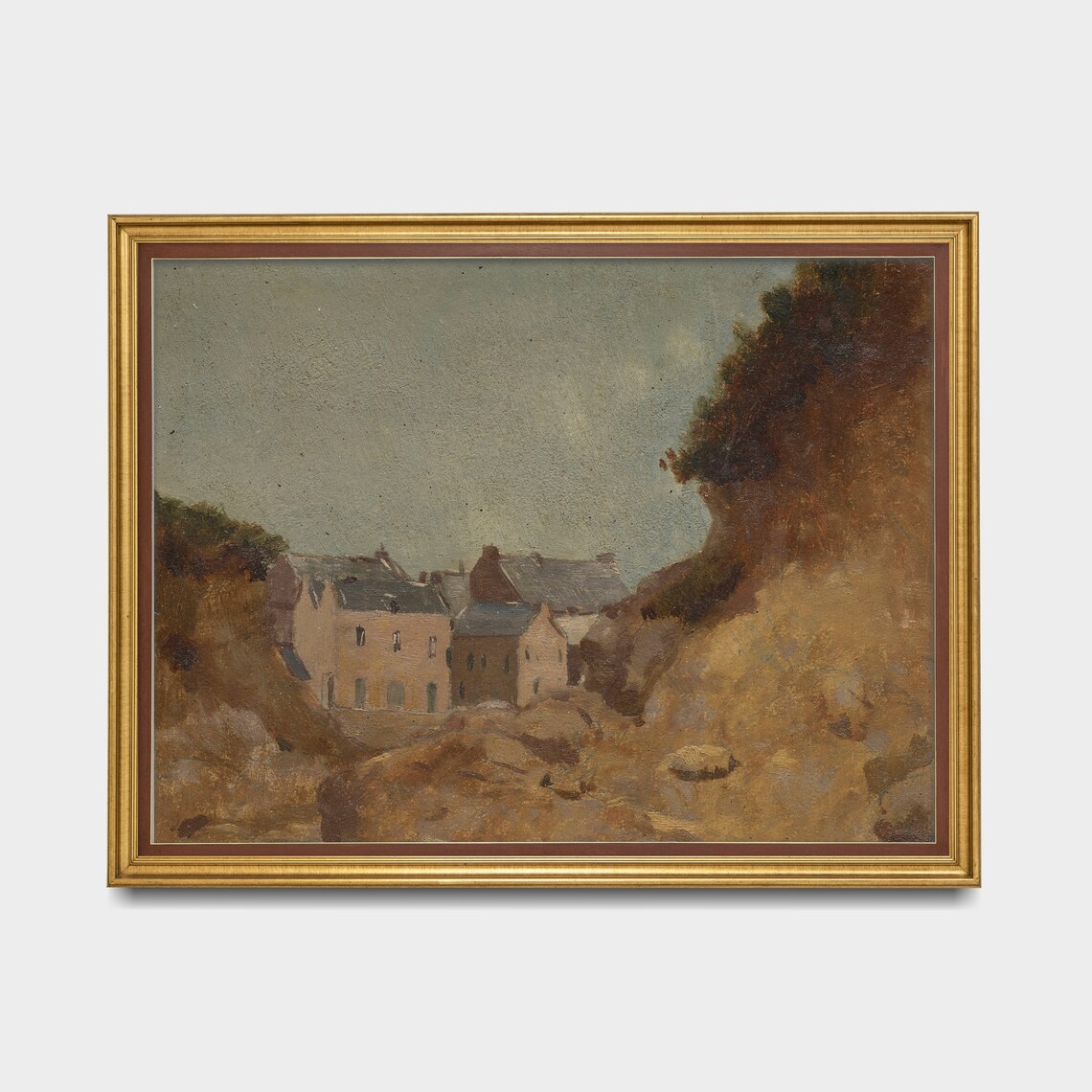 Coastal Cottages Among Cliffs in Warm Ochre Tones Vintage Poster - Image 5