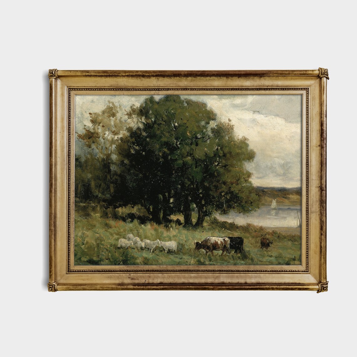Cow in a Vintage Country Landscape, Antique Print - Image 2